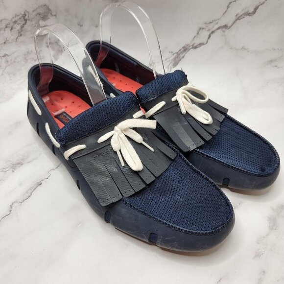 SWIMS Men's Lace Loafer Boat Shoes Navy Blue Mesh Trimmed Size 9 - Picture 1 of 9